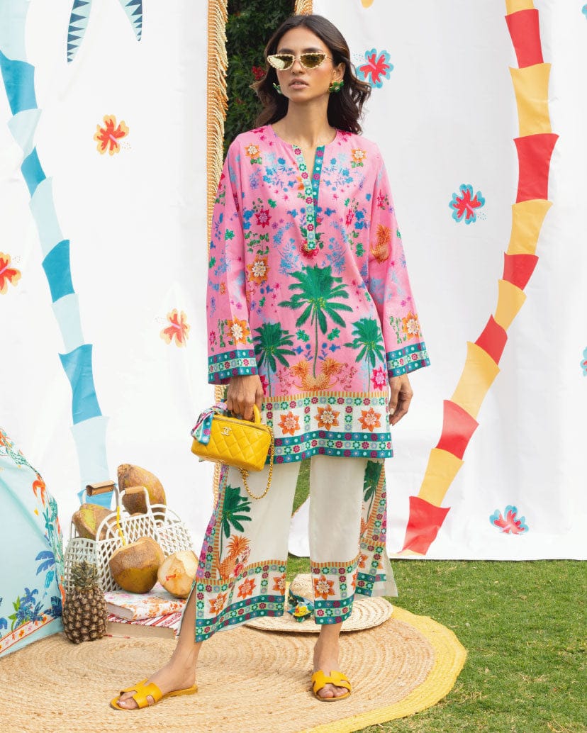 Palm Print Summer Suit with Embroidered Details