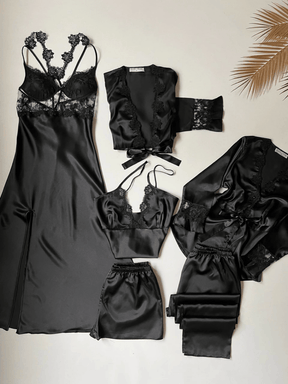 Black 6 Piece Long Slit Satin Nightgown Dressing Gown Set